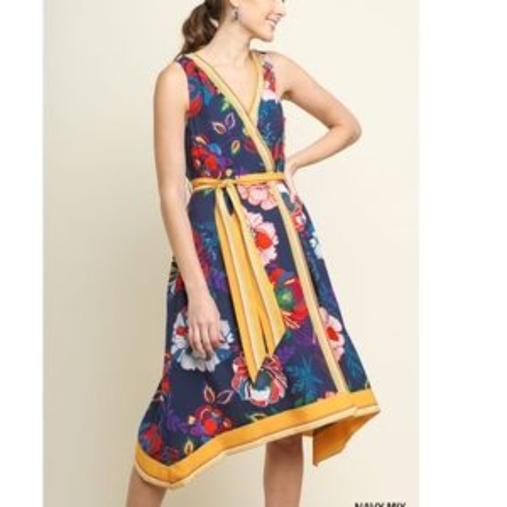 Floral Faux Wrap Dress with Pockets